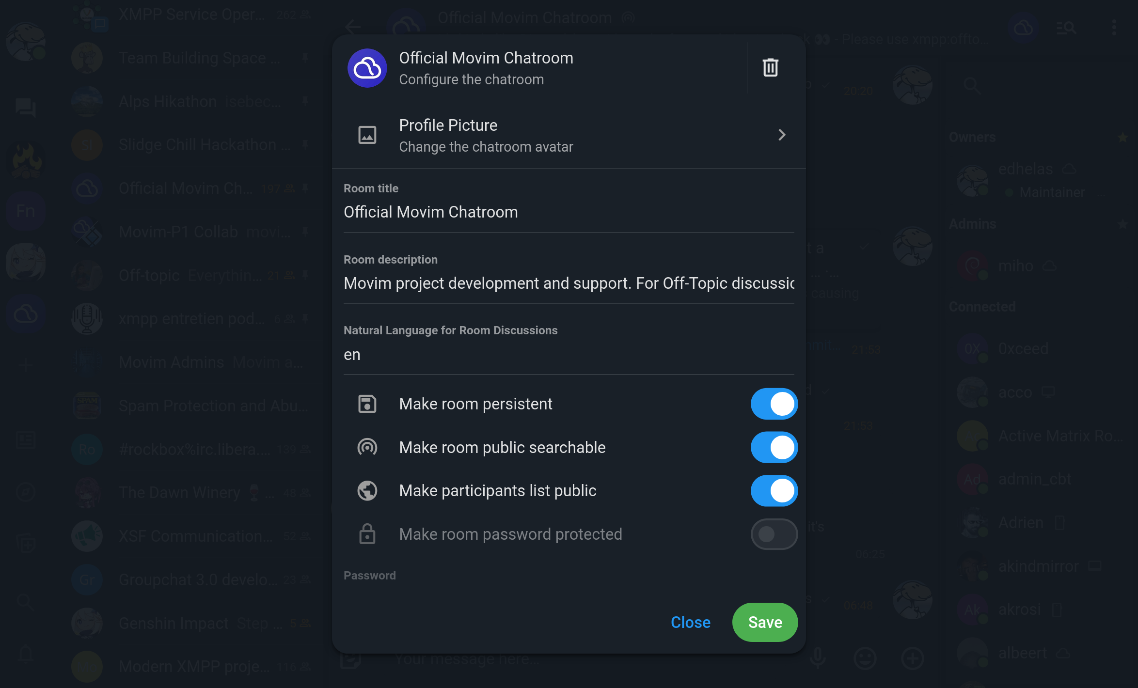 The redesigned chatroom configuration form